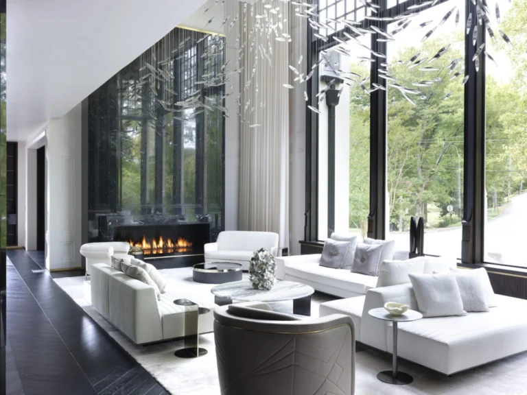 Custom home lighting design featuring a crystal murmuration installation in a luxury double-height great room.